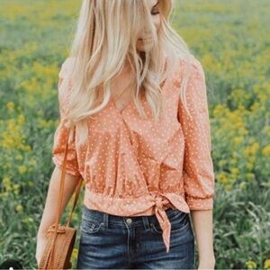 Madewell Cotton Wrap‎ Top Shirt w/ Tie in Coral Peach Star Scatter Size XS NEW
